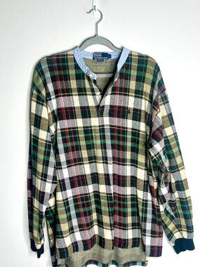 Vintage Men's Polo Ralph Lauren Plaid Band Collar Shirt 100% Cotton Preppy XL
